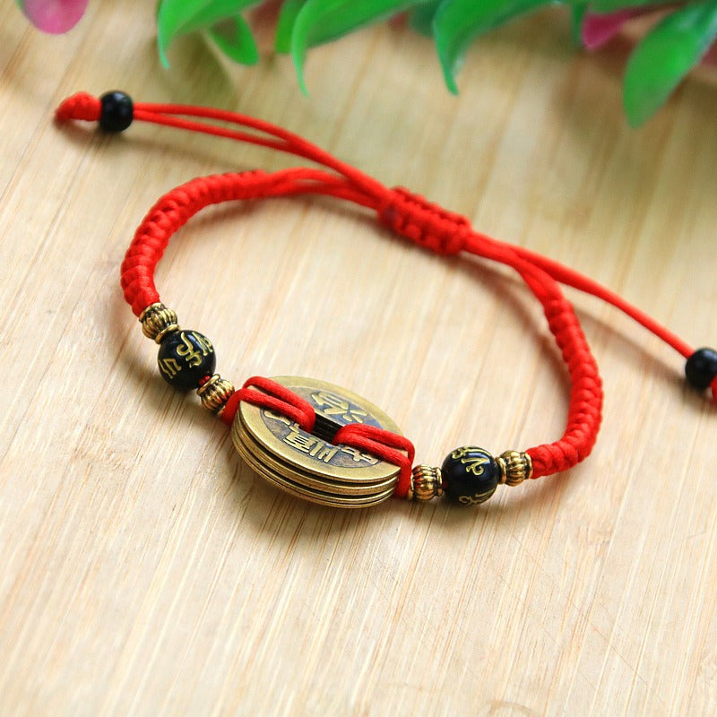 Handwoven Bunbun Red Rope Bracelet Copper Coin Bracelet