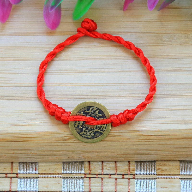 Handwoven Bunbun Red Rope Bracelet Copper Coin Bracelet