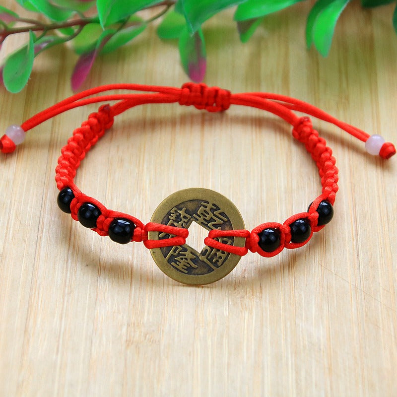 Handwoven Bunbun Red Rope Bracelet Copper Coin Bracelet