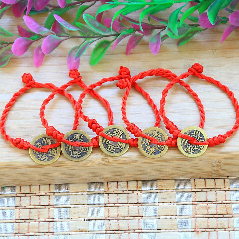 Handwoven Bunbun Red Rope Bracelet Copper Coin Bracelet