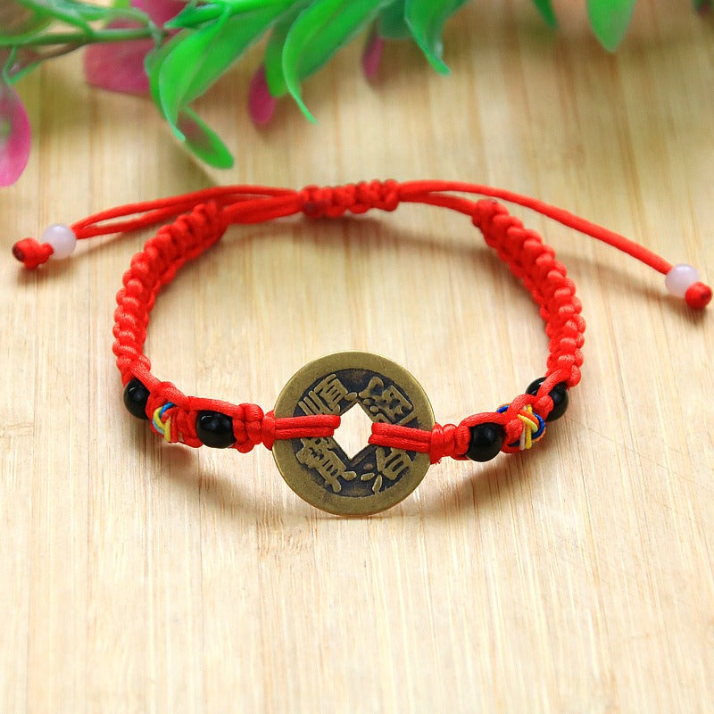 Handwoven Bunbun Red Rope Bracelet Copper Coin Bracelet